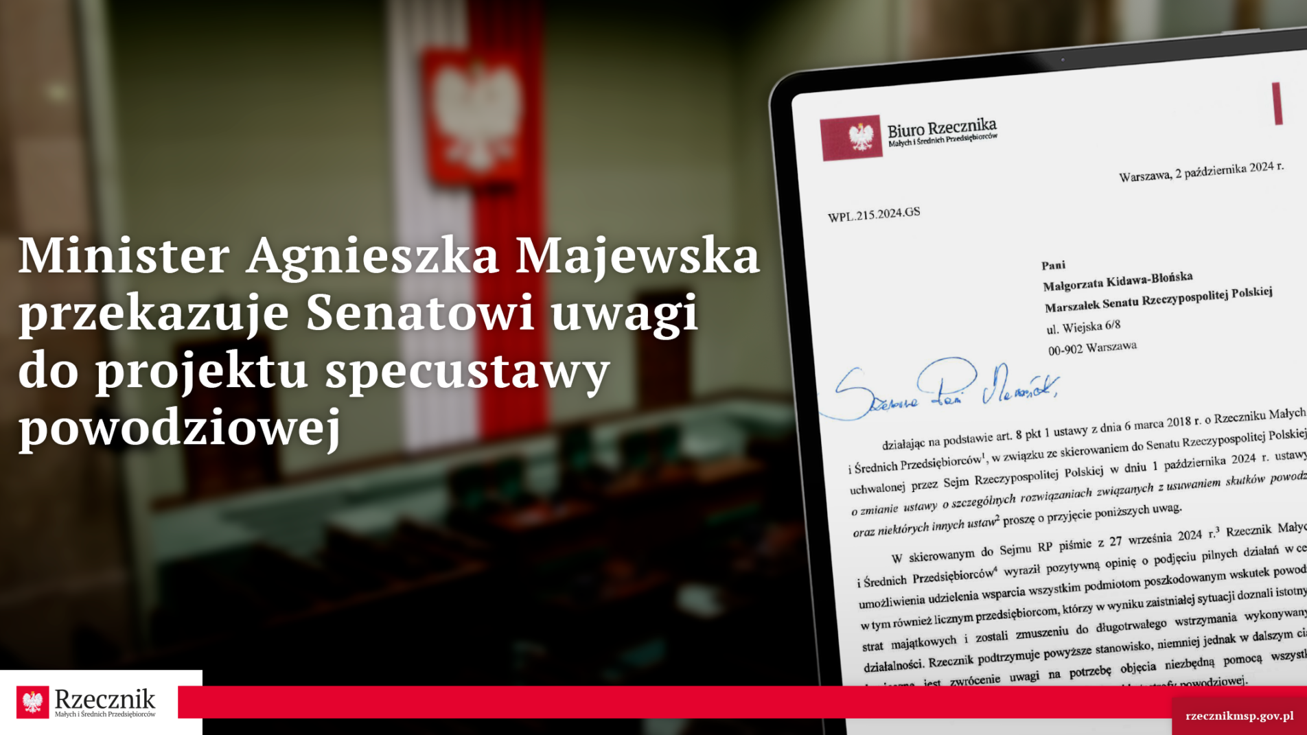 Minister Agnieszka Majewska przekazuje Senatowi uwagi do projektu specustawy powodziowej